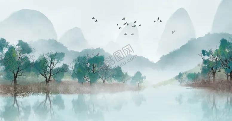 编号：28594805110451592713【酷图网】源文件下载-山水古风国风壁画墙贴装饰素材