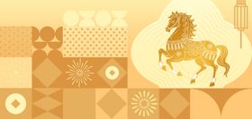 马年剪纸马金色简约几何背景