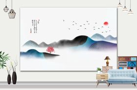 山水画背景墙设计美式挂抽象
