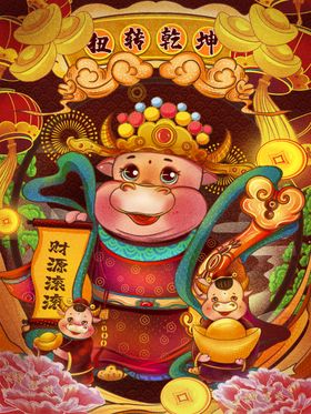 国潮插画2021牛年喜庆过