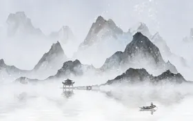 中国风水墨山水画飞鸟新式背景墙