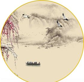 新中式意境山水仙鹤小船桃花圆形