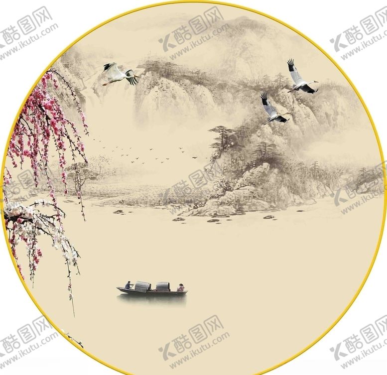 编号：70416805111928551569【酷图网】源文件下载-新中式意境山水仙鹤小船桃花圆形