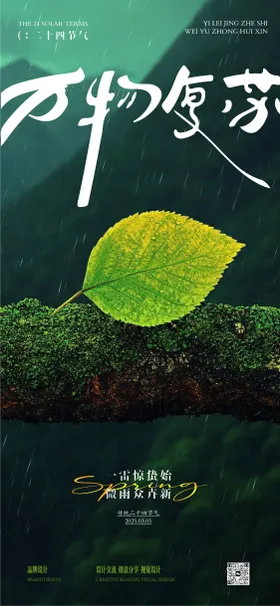 惊蛰春分海报雨水二十四节气树叶