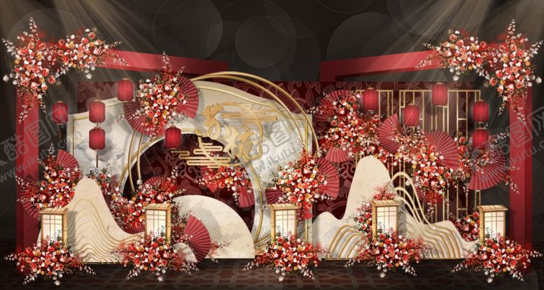 编号：62235210050456428917【酷图网】源文件下载-红金色新中式婚礼效果图