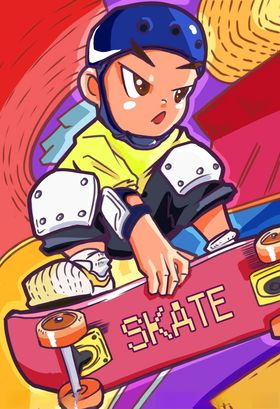 蒸汽波时尚滑板男孩插画