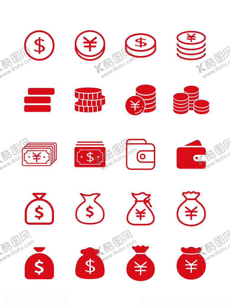 编号：10122002191058124093【酷图网】源文件下载-金币钱钱币钱袋矢量图标