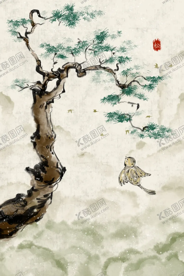 编号：47582907021256076098【酷图网】源文件下载-松树复古古风插画背景素材