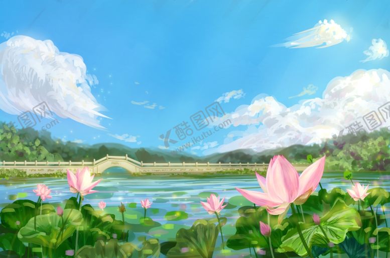 编号：12896310040346477194【酷图网】源文件下载-荷花荷叶天空清新插画背景