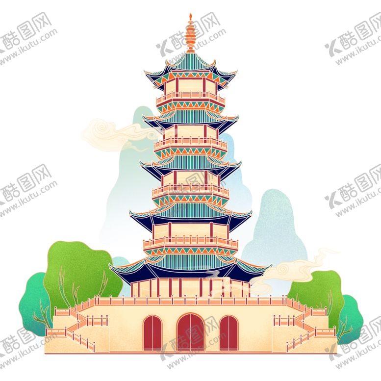 编号：38744502282147465985【酷图网】源文件下载-国潮手绘古典建筑与祥云