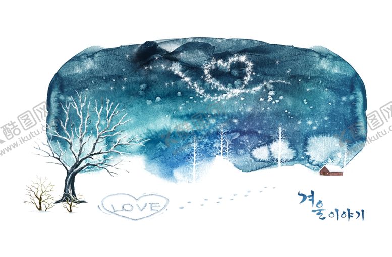 编号：39432405152341324408【酷图网】源文件下载-水彩风雪天场景蓝色唯美浪漫插画