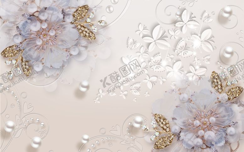 编号：18879710011658347038【酷图网】源文件下载-浮雕花珠宝花蝴蝶背景墙
