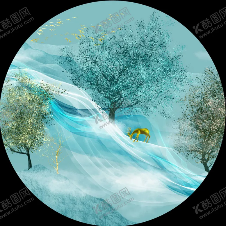 编号：20846109211856504659【酷图网】源文件下载-水彩树麋鹿圆形挂画装饰画