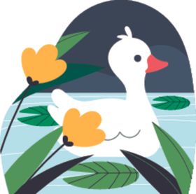 水中白鹅伴黄花绿叶