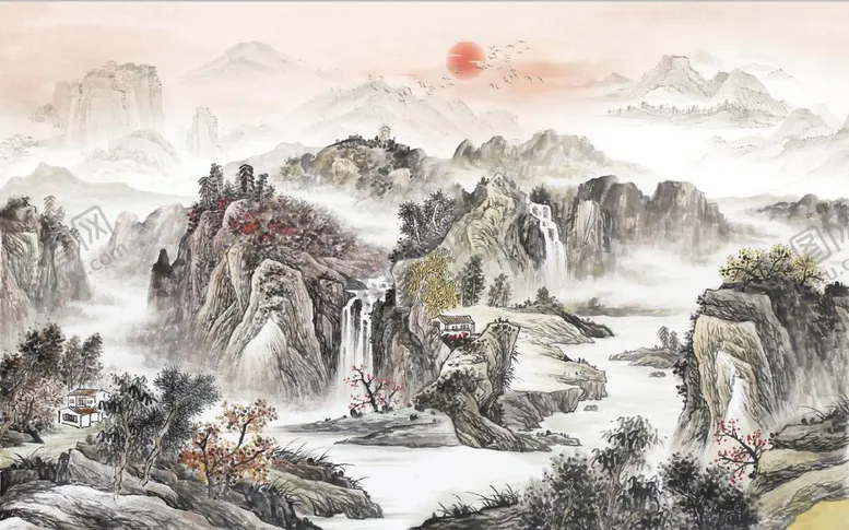 编号：63981009170344396523【酷图网】源文件下载-中式青绿瀑布山水国画电视背景墙