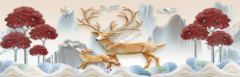 编号：89616710050032165570【酷图网】源文件下载-新中式麋鹿装饰画