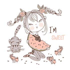 可爱女孩手绘卡通插画