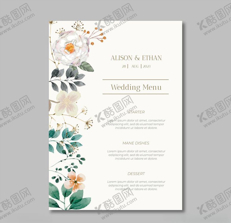 编号：88603605111452039720【酷图网】源文件下载-小清新水彩婚礼菜单模板