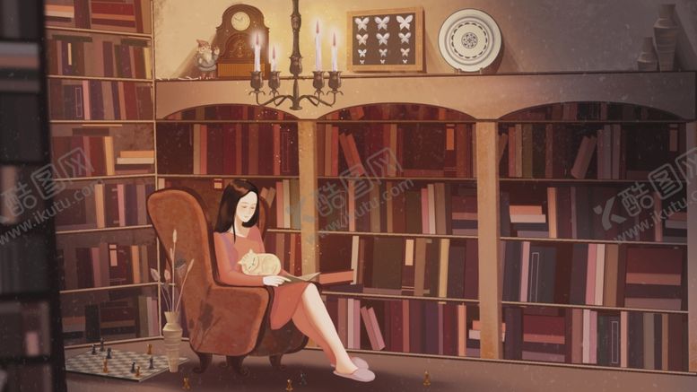 编号：43611010300606123730【酷图网】源文件下载-坐在书房里读书的女孩插画海报