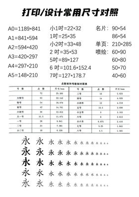 打印设计常用尺寸对照