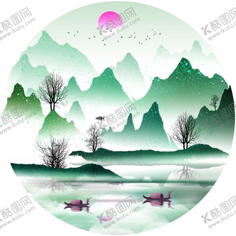 编号：58301610020833408537【酷图网】源文件下载-水墨山水湖畔艺术挂画装饰画