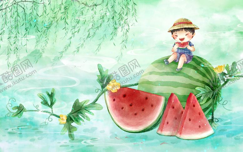 编号：15628409132208096541【酷图网】源文件下载-夏至插画西瓜柳树可爱儿童吃西瓜