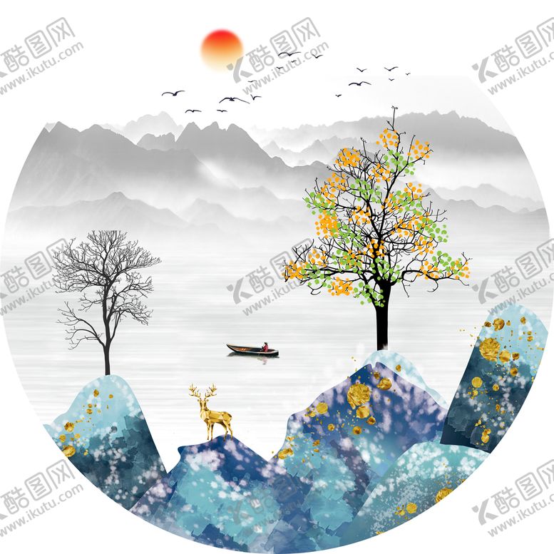 编号：20778810161812118674【酷图网】源文件下载-金色麋鹿山水发财鹿装饰画