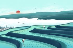 梯田清新传统国风插画卡通背景