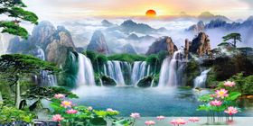 山水画风景风景树太阳