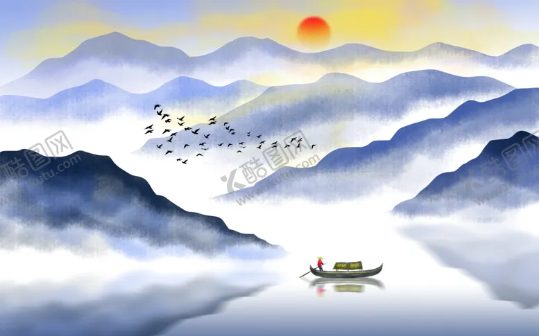 编号：98977506290956366993【酷图网】源文件下载-飞鸟水墨山水画背景墙