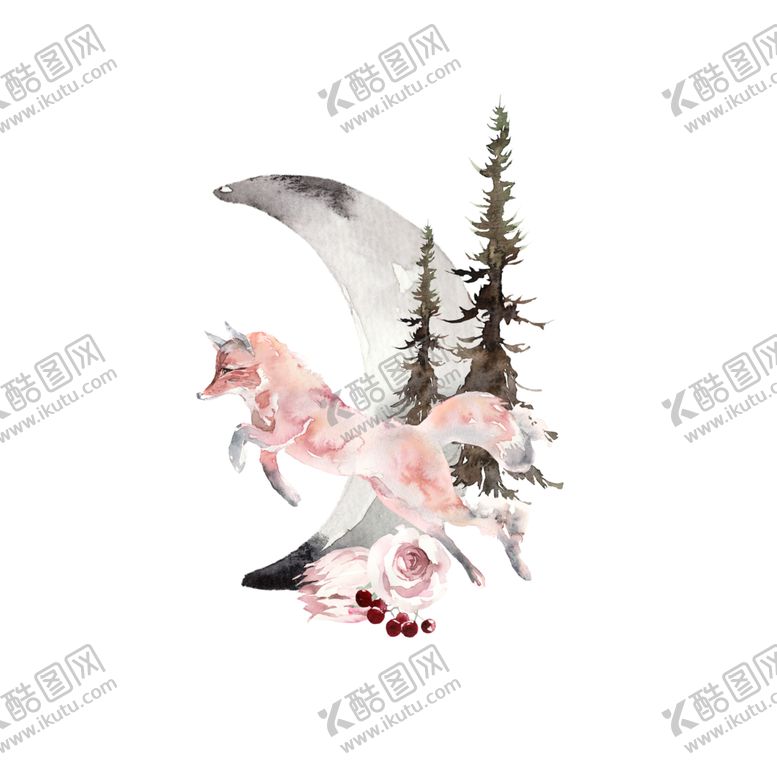 编号：28579002051840547543【酷图网】源文件下载-黑夜中的狐狸奔跑松树