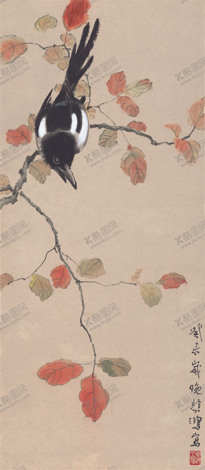 编号：64623309191411322212【酷图网】源文件下载-树枝喜鹊国画