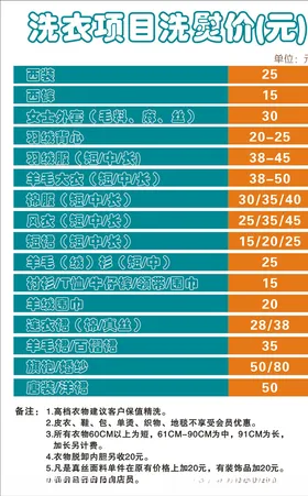 洗衣服价目表