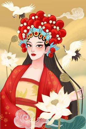 古典戏曲佳人手绘国潮插画