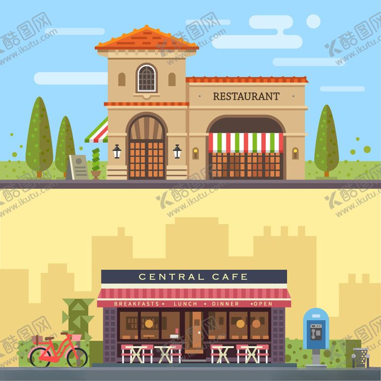 编号：56356306300640454633【酷图网】源文件下载-街边特色商铺建筑插画