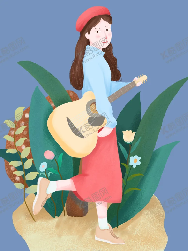 编号：66627509141110569728【酷图网】源文件下载-插画女孩与吉他