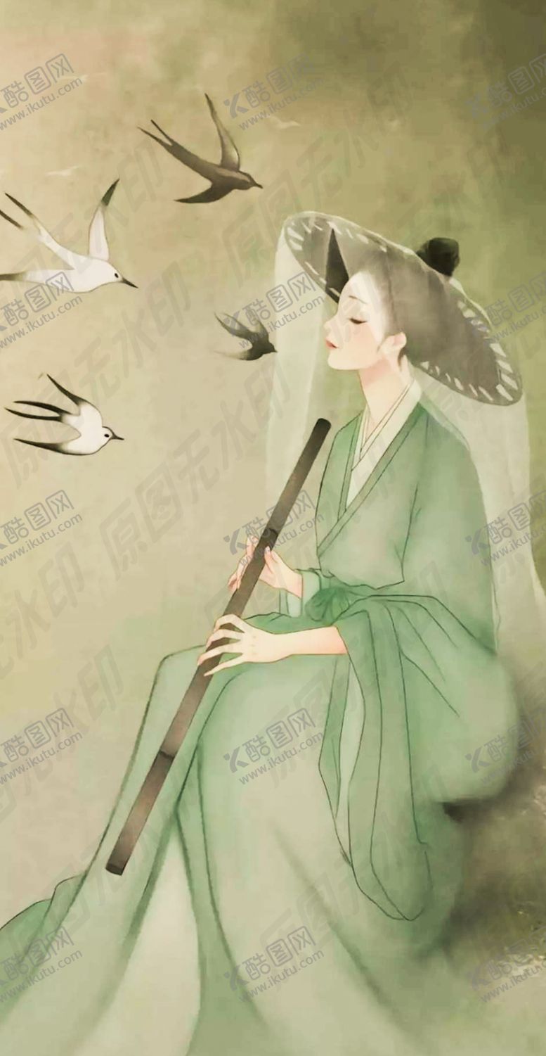 编号：36570110302231215249【酷图网】源文件下载-古风手绘吹箫美女
