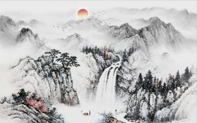 中式水墨山水国画电视背景墙风壁渔船