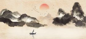 山水水彩复古插画背景海报素材