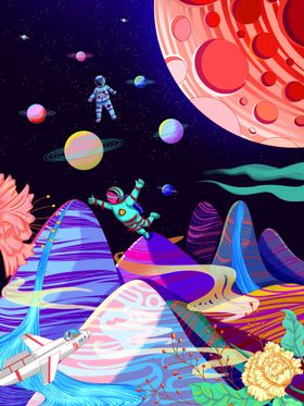 手绘创意太空幻想插画插图