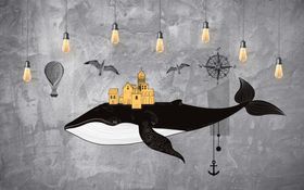 复古手绘鲸鱼海鸥背景墙