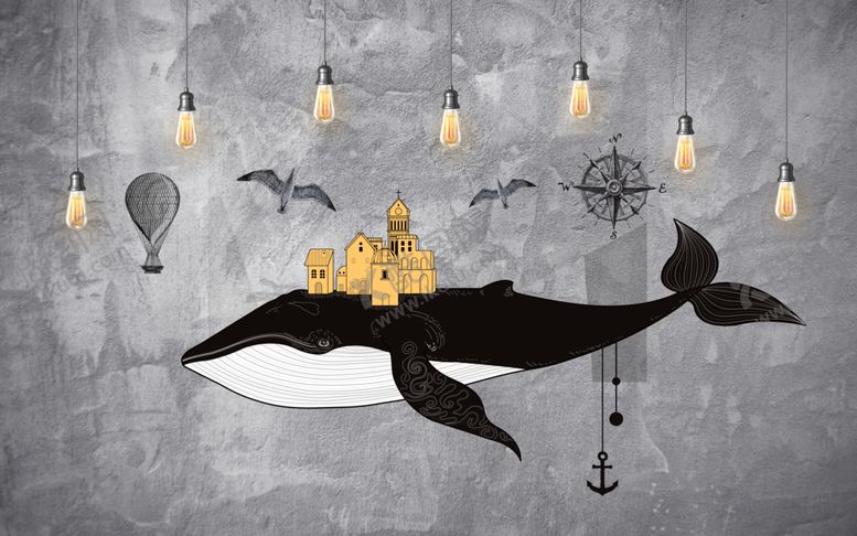 编号：29893010081507522903【酷图网】源文件下载-复古手绘鲸鱼海鸥背景墙