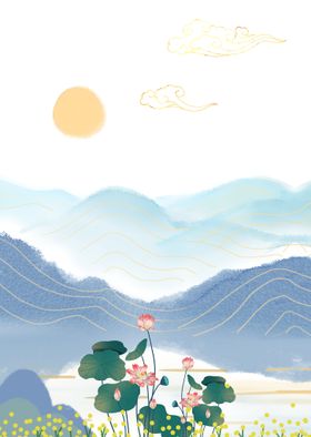 中国风背景山水画古典山水画展板