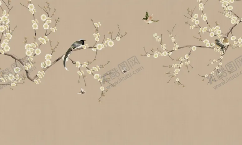 编号：84584009302227539303【酷图网】源文件下载-新中式手绘海棠花鸟背景墙