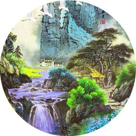 溪流山脉水彩风景画圆形挂画