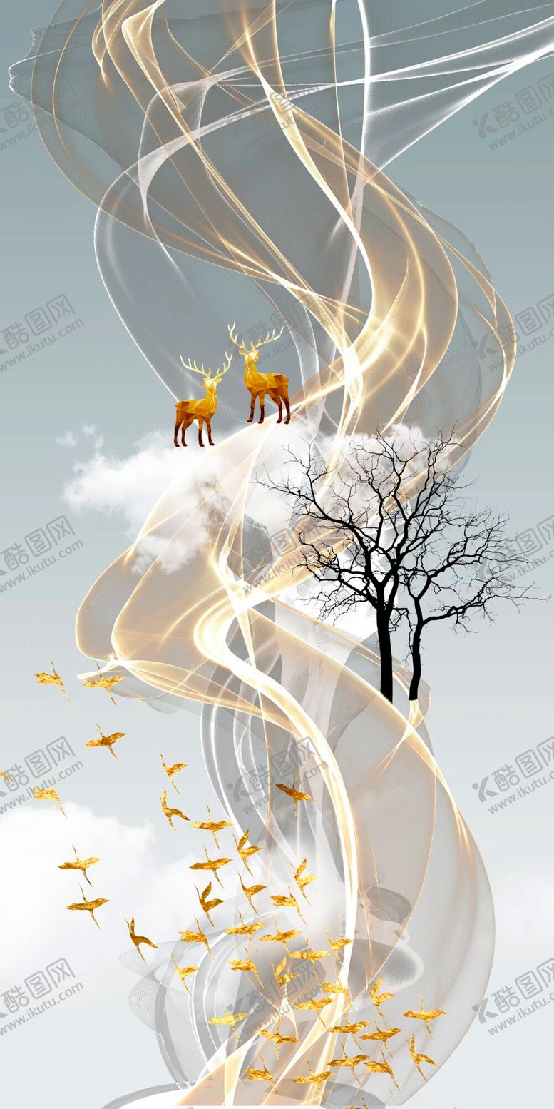 编号：72605309190002344692【酷图网】源文件下载-简约轻奢现代麋鹿丝带玄关装饰画