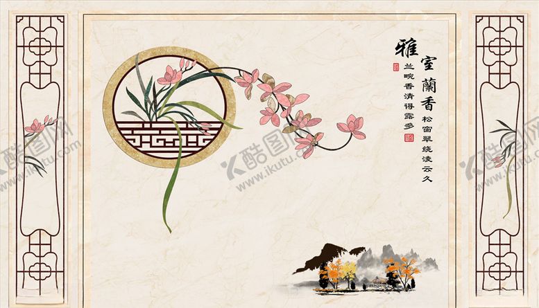 编号：65042106160228546616【酷图网】源文件下载-花鸟画兰花造型背景墙