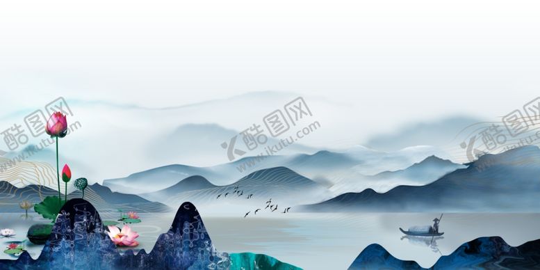 编号：31883711021404534143【酷图网】源文件下载-水墨山水间的梦幻热气球