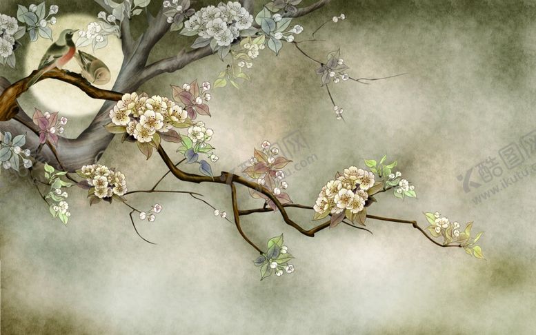编号：38096909230645259265【酷图网】源文件下载-花鸟画手绘画鸟背景墙