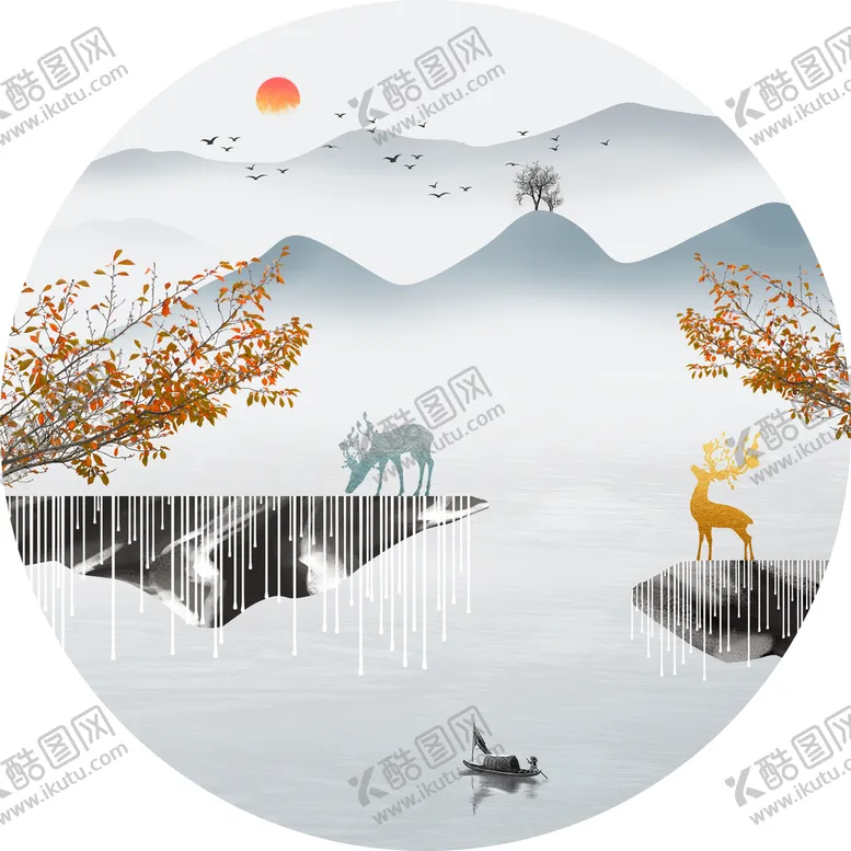 编号：31076410050921145827【酷图网】源文件下载-金色麋鹿山水发财鹿装饰画
